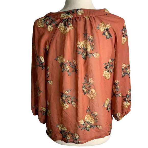 Milk & Honey Boho Floral Blouse M Dark Pink Tie Neck Sheer Balloon Sleeves - Picture 5 of 7